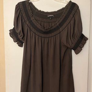 Express Olive Green Blouse with Puff Short Sleeves